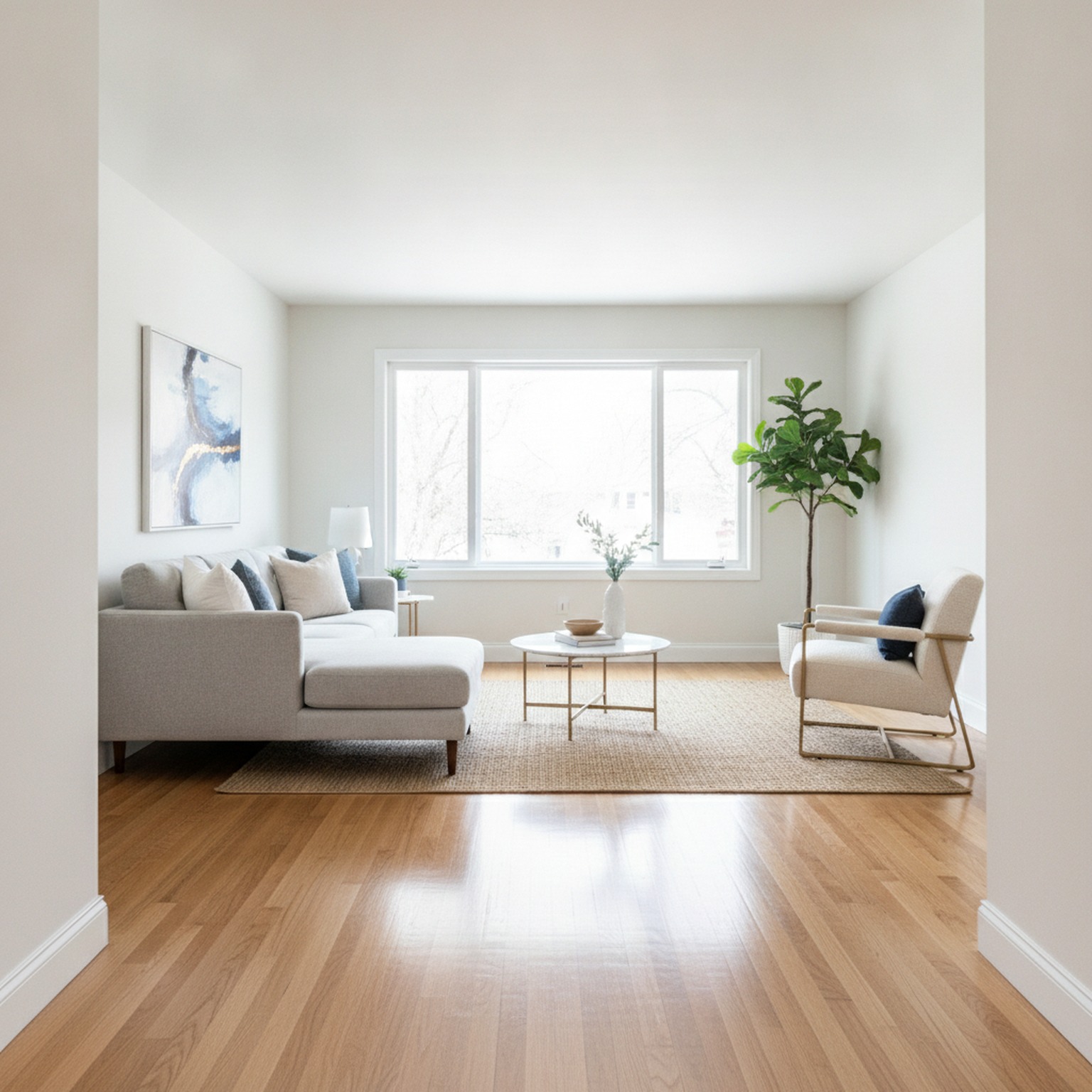 Same residential room after full restoration and reconstruction, clean and finished